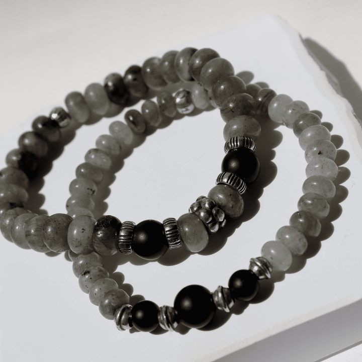 Pulsera de bolas hombre Hozuki de labradorita y ónix con plata 925