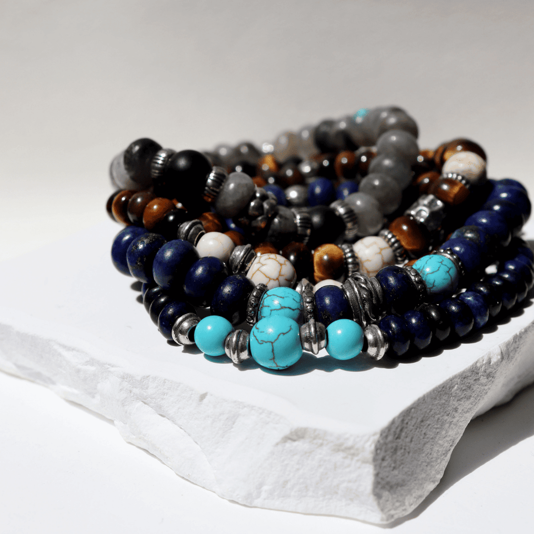 Pulsera de bolas hombre Soryu de lapizlázuli y turquesa con piezas de plata 925