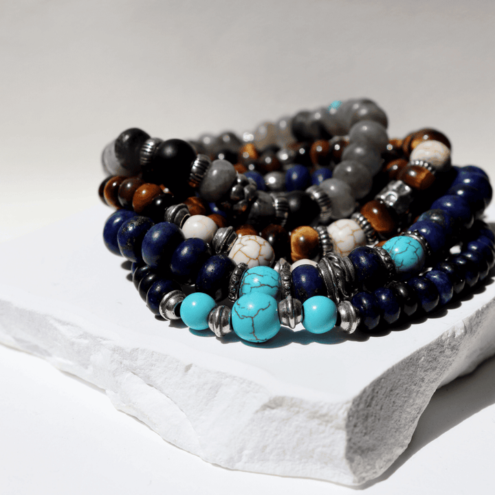 Pulsera de bolas hombre Soryu de lapizlázuli y turquesa con piezas de plata 925