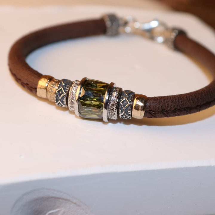 Pulsera Mujer Valyra de cuero con circonita verde y plata 925