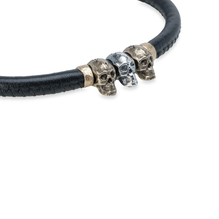Pulsera Calavera Rif de Plata 925, cuero y bronce