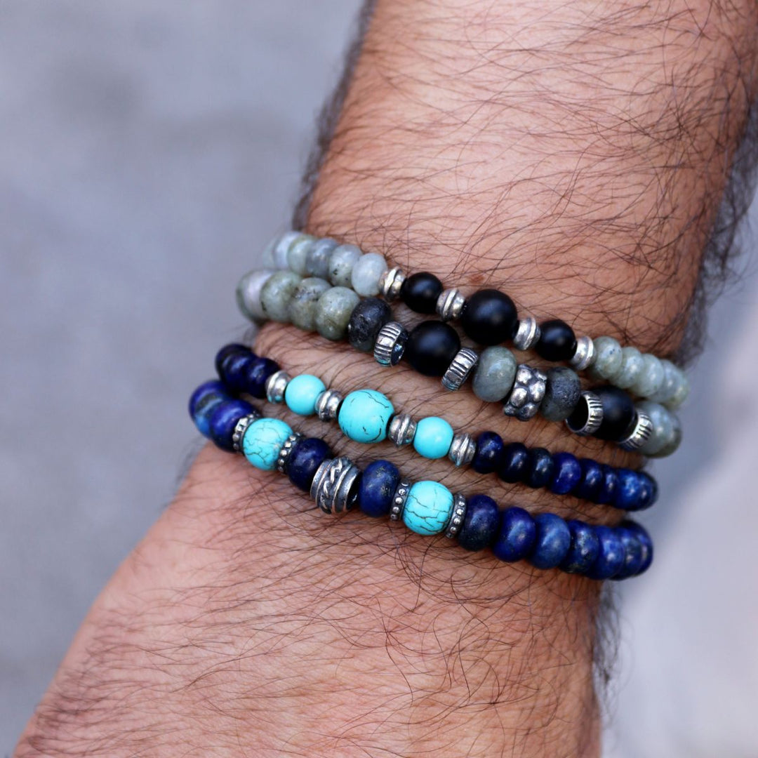 Pulsera de bolas Shoji para hombre de lapizlázuli y turquesa con piezas de plata 925