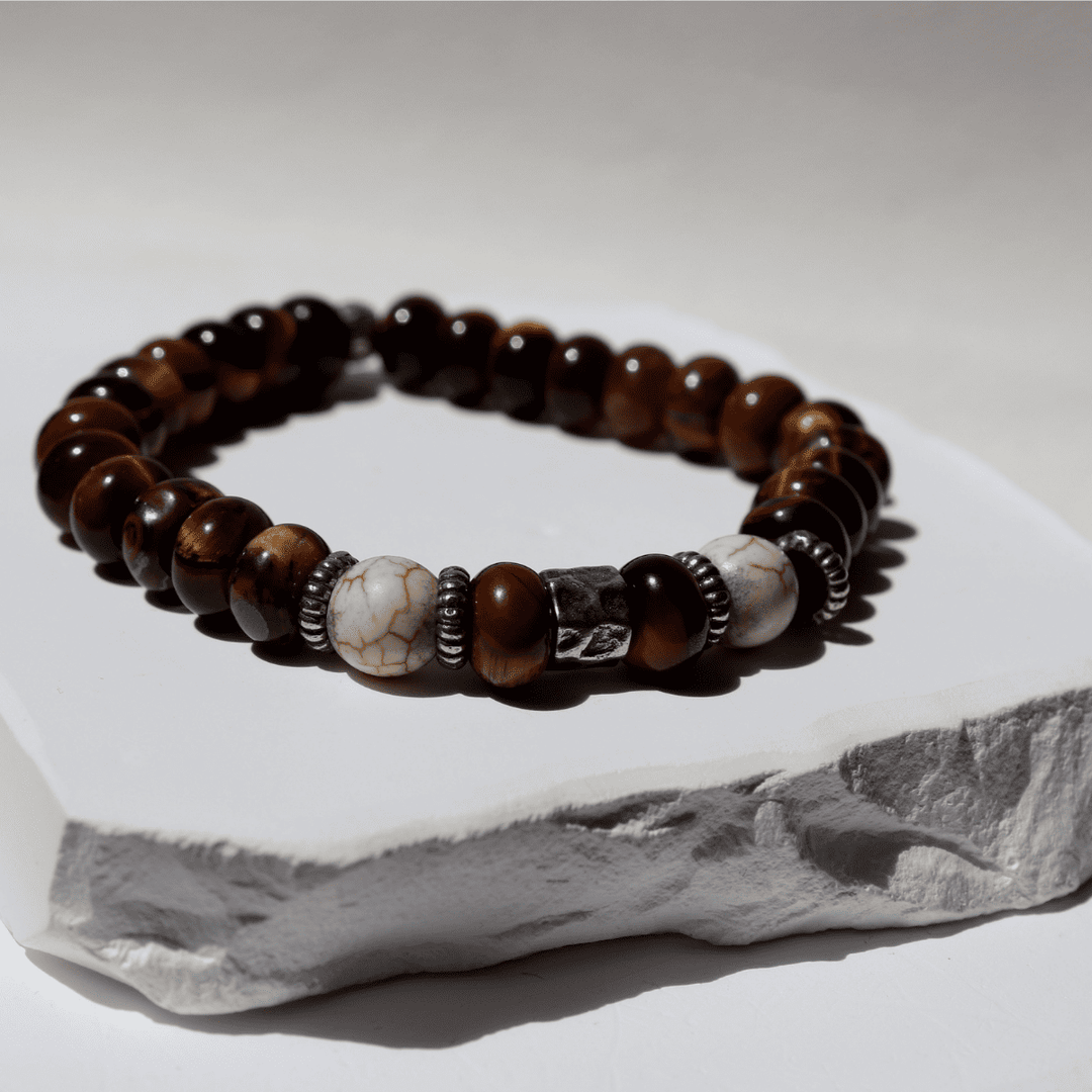 Pulsera de bolas hombre Soma de ojo de tigre con piezas de piedra blanca y plata 925