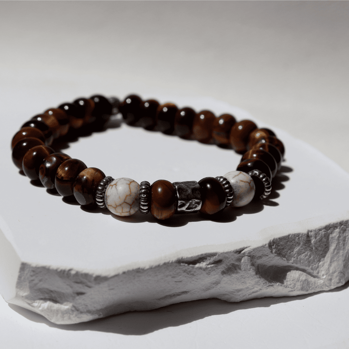 Pulsera de bolas hombre Soma de ojo de tigre con piezas de piedra blanca y plata 925
