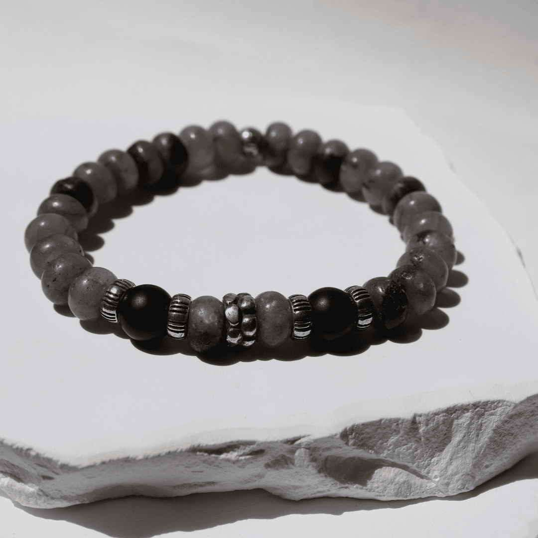 Pulsera de bolas hombre Hozuki de labradorita y ónix con plata 925