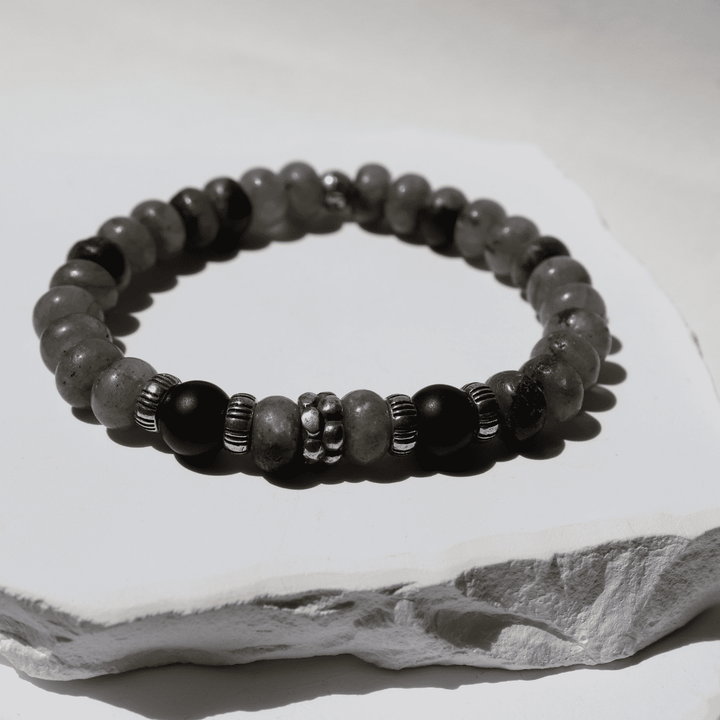 Pulsera de bolas hombre Hozuki de labradorita y ónix con plata 925