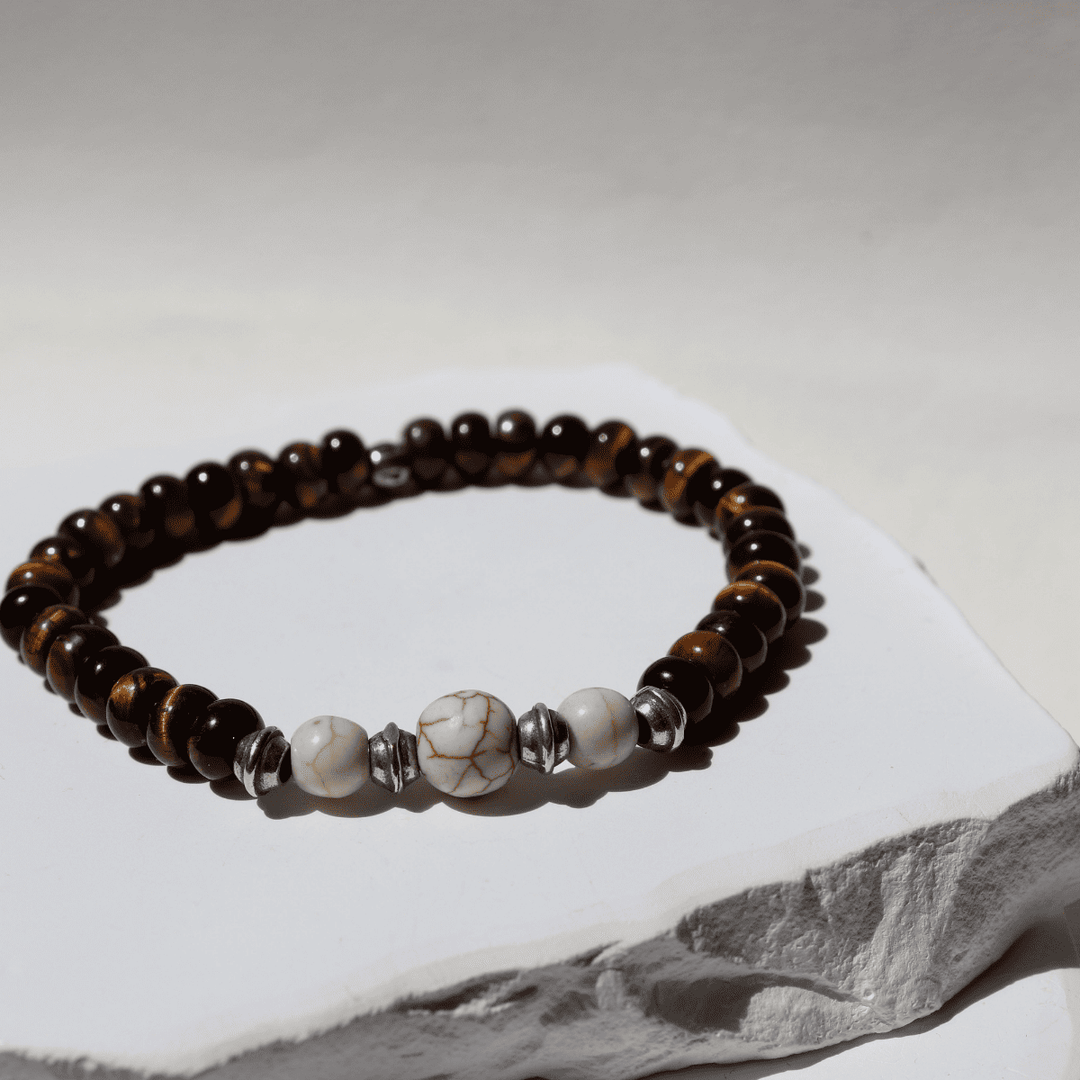 Pulsera de bolas hombre Kagami de ojo de tigre con piezas de piedra blanca y plata 925