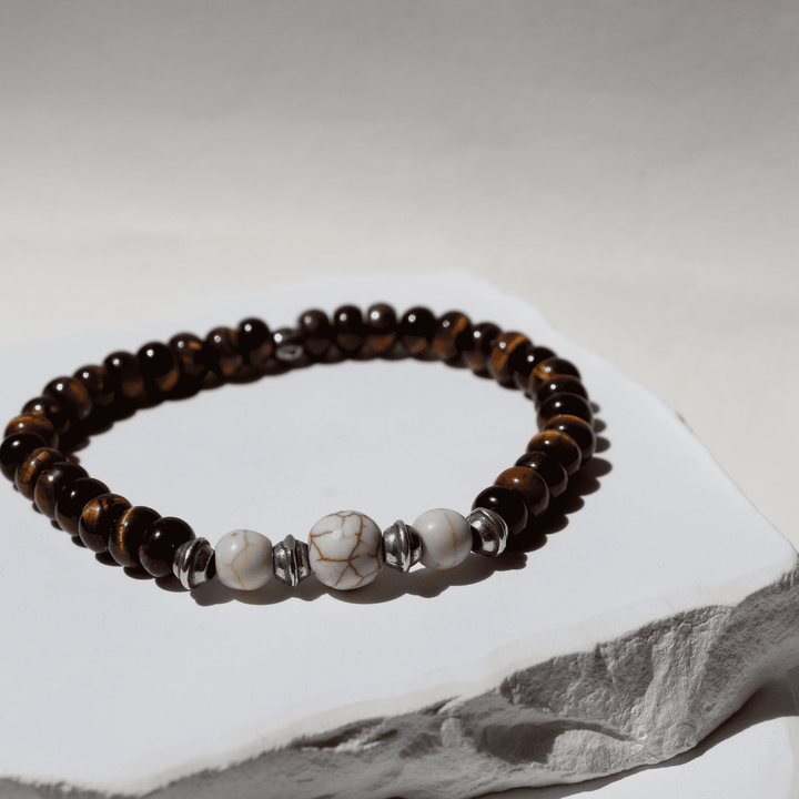 Pulsera de bolas hombre Kagami de ojo de tigre con piezas de piedra blanca y plata 925