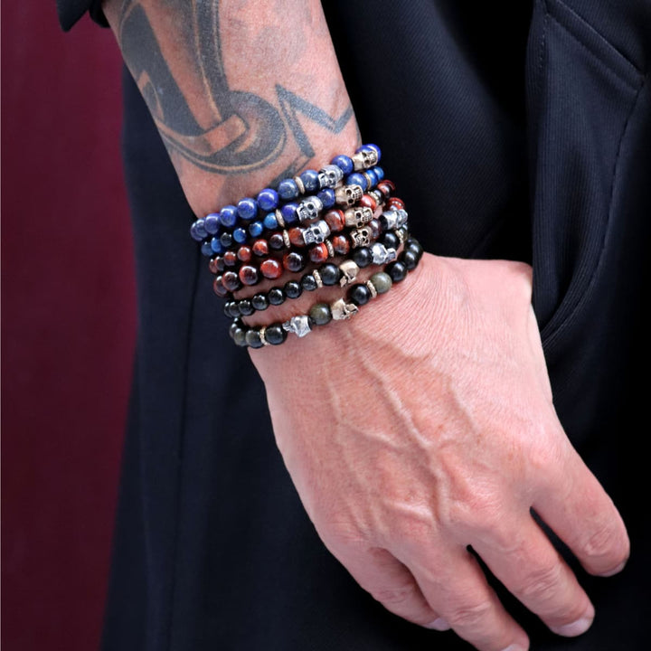 Pulsera de bolas Meiyo de ojo de buey con calaveras de plata 925 y bronce