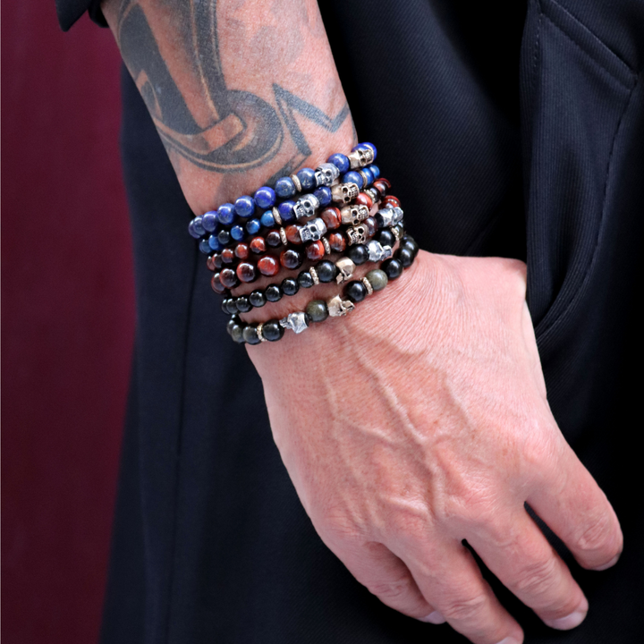 Yūrei blue tiger's eye bead bracelet with 925 silver and bronze skulls