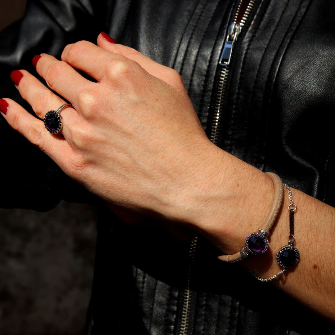 Pulsera Mujer Menara de Plata 925 con circonitas amatista cuero
