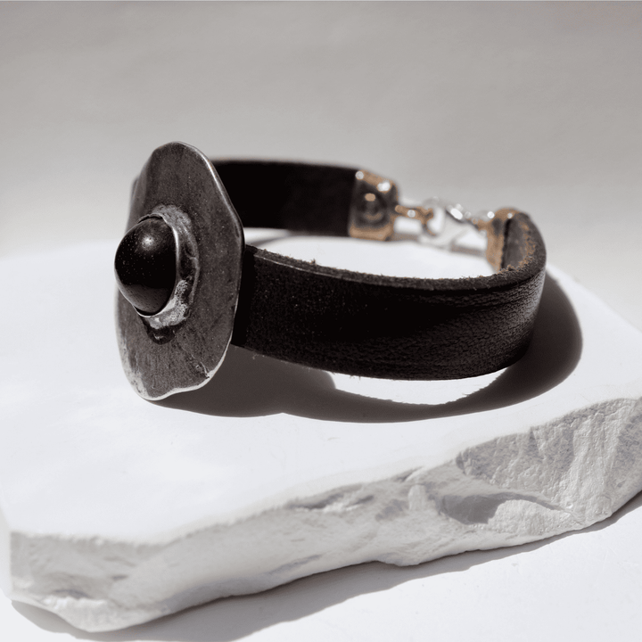 Hagane Damen-Lederarmband mit 925er Silber und Onyx-Mitte