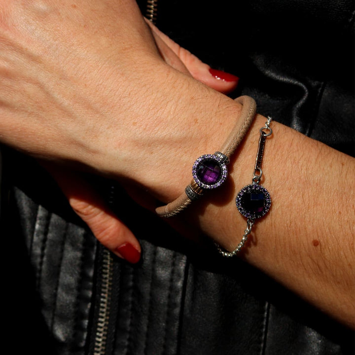 Pulsera Mujer Menara de Plata 925 con circonitas amatista cuero