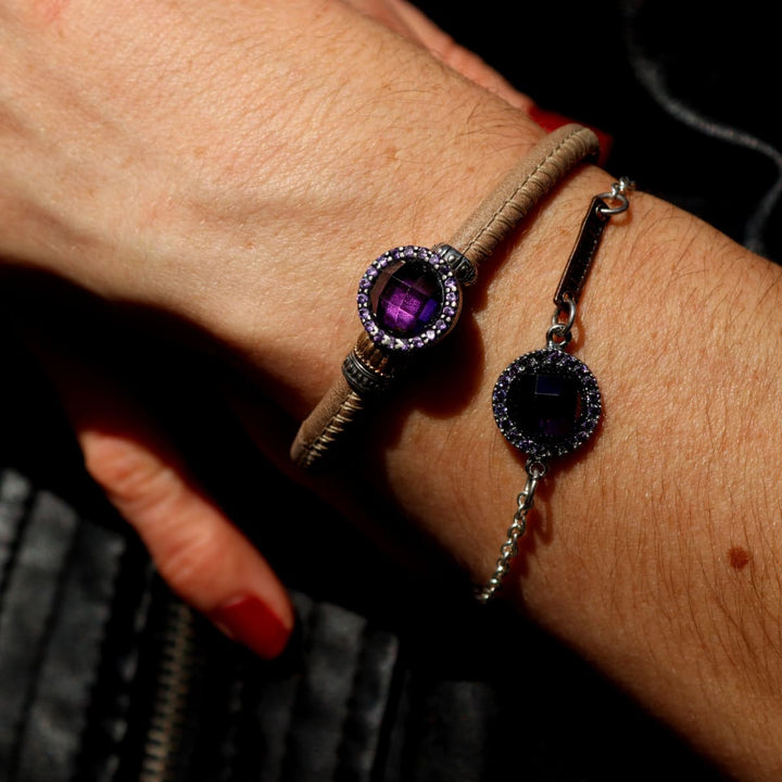 Pulsera Mujer Menara de Plata 925 con circonitas amatista cuero