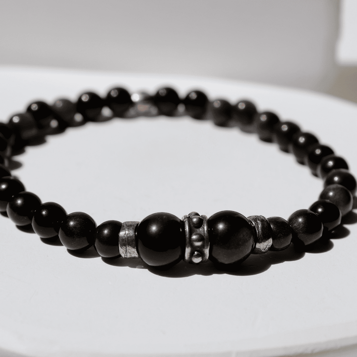 Pulsera de bolas de hombre Nagare de obisidiana y plata 925