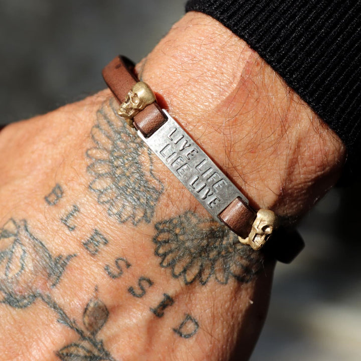 Pulsera Calavera Gnawa de Plata 925, cuero y bronce