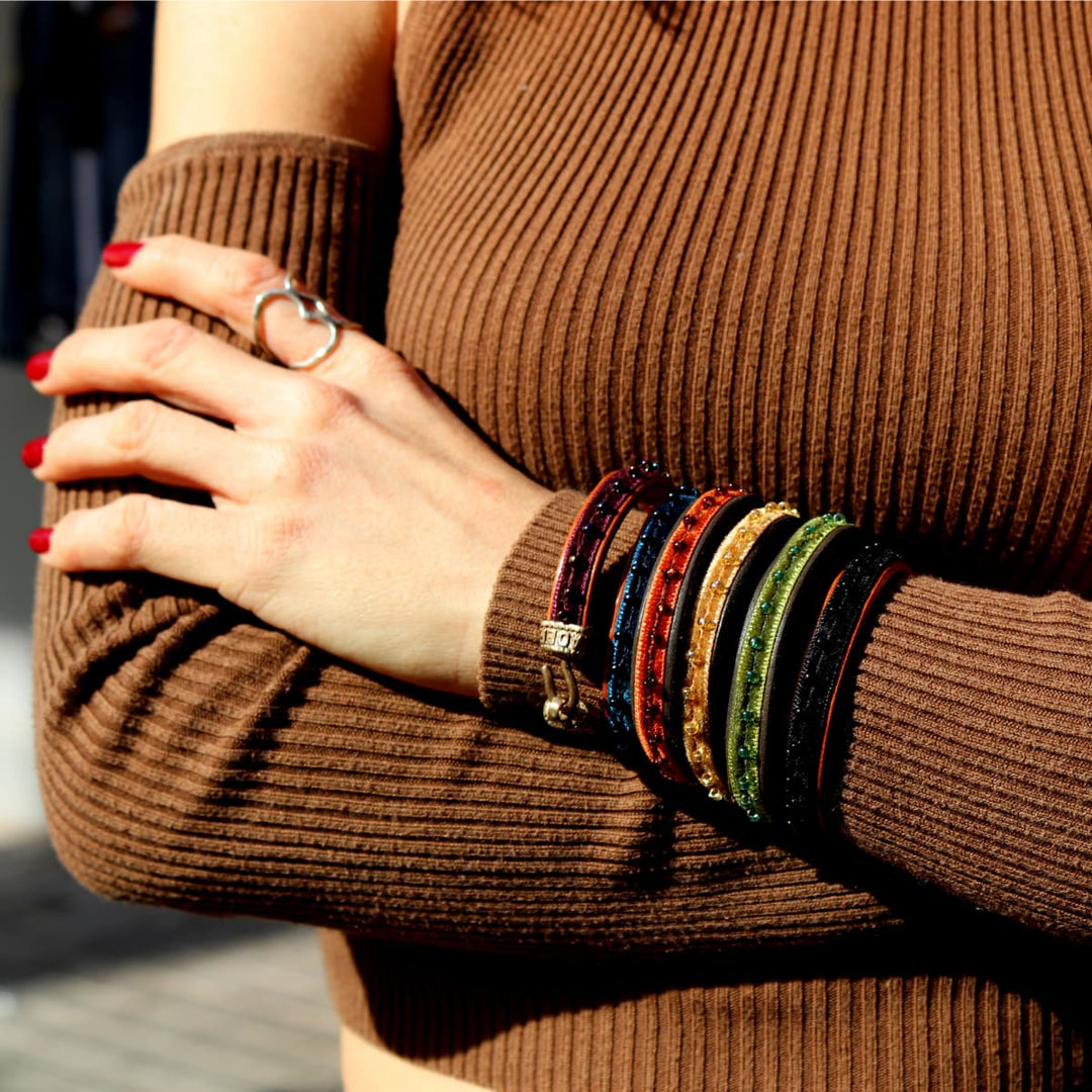 Pulsera Mujer Zagora con Plata 925, cuero y terciopelo de perlas