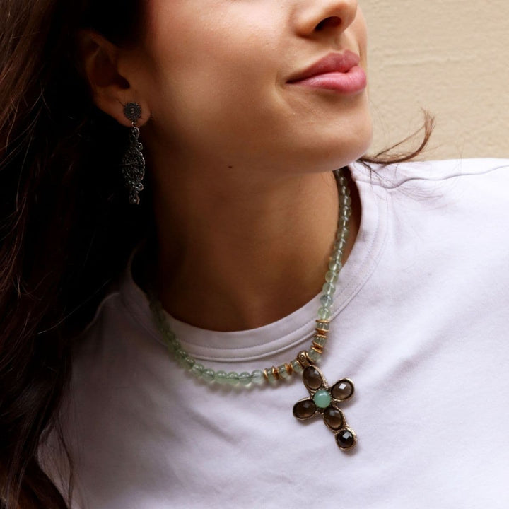 Mozambique Women's Necklace made of prehnite, smoky quartz and green chalcedony