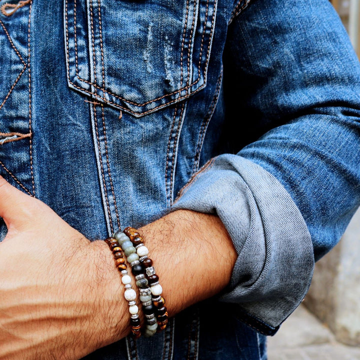 Pulsera de bolas hombre Kagami de ojo de tigre con piezas de piedra blanca y plata 925