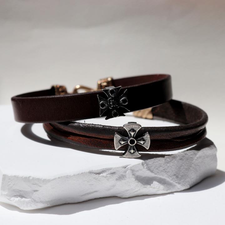Shibumi Men's Leather Bracelet with 925 Silver Cross