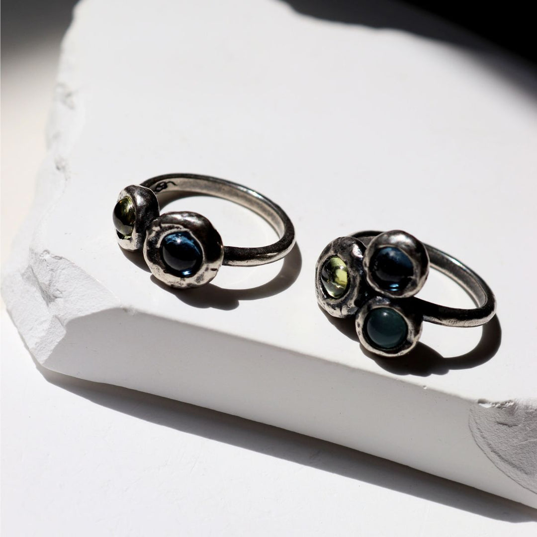 Shinkai Damenring in 925 Silber mit Aquamarin und Olivin