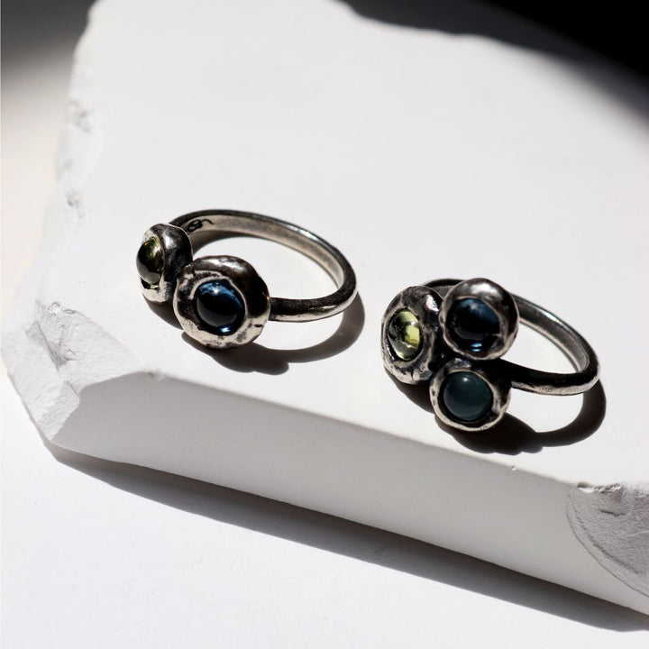 Shinkai Damenring in 925 Silber mit Aquamarin und Olivin