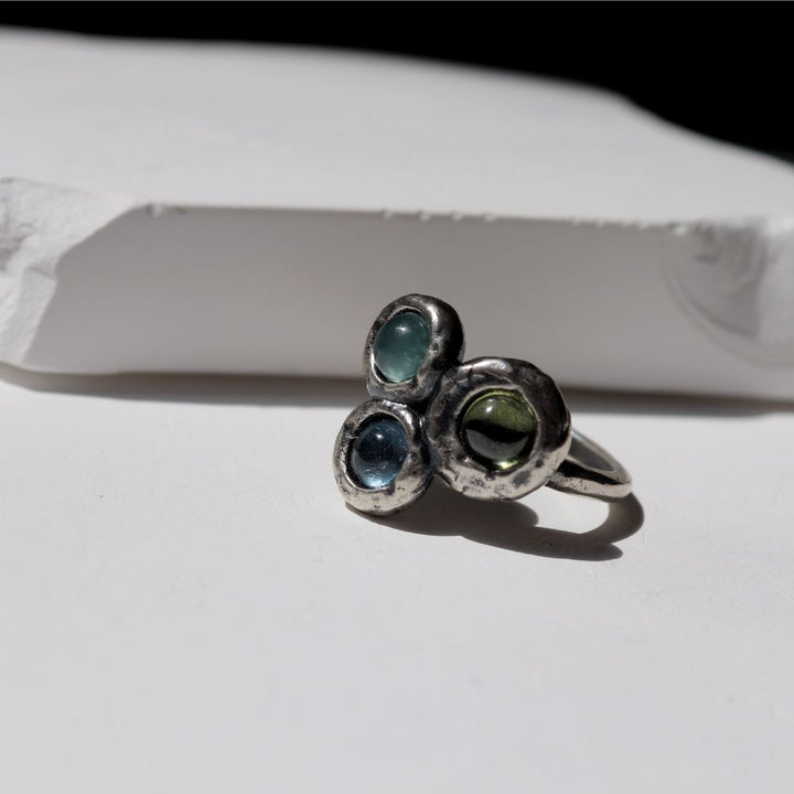 Kaiko Damenring in 925 Silber mit Aquamarin, Grün und Olivin