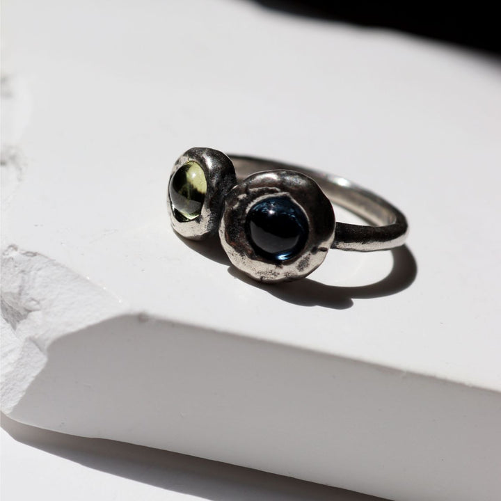 Shinkai Damenring in 925 Silber mit Aquamarin und Olivin