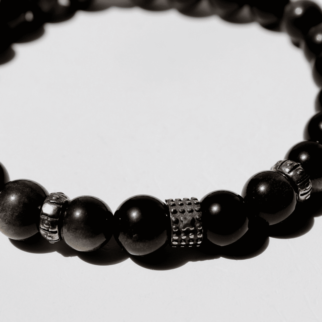 Pulsera de bolas de hombre Gekko de obisidiana y plata 925