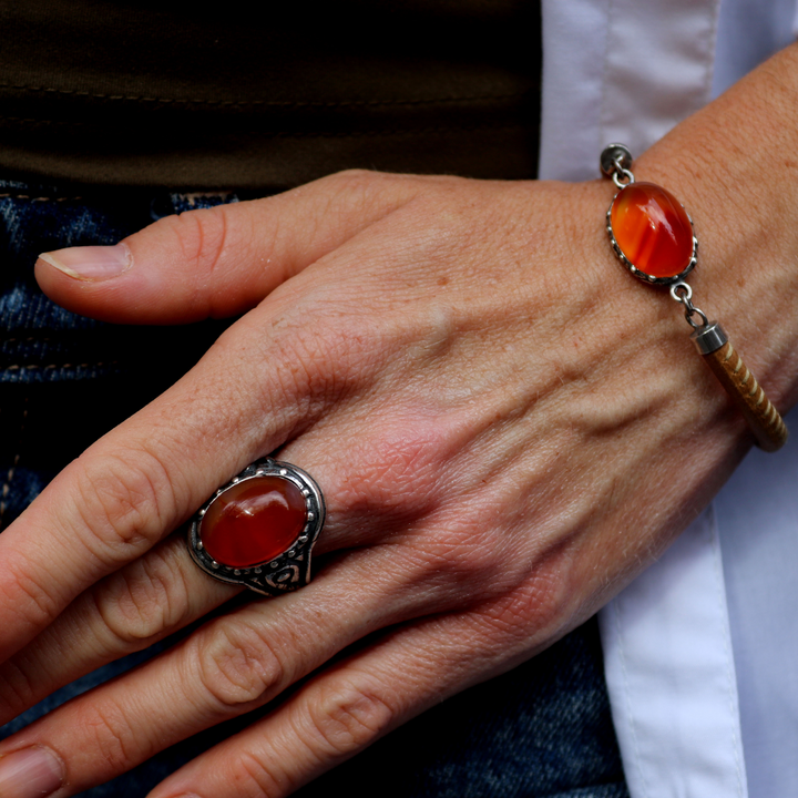 Damen Rheinring aus 925 Silber und Karneol