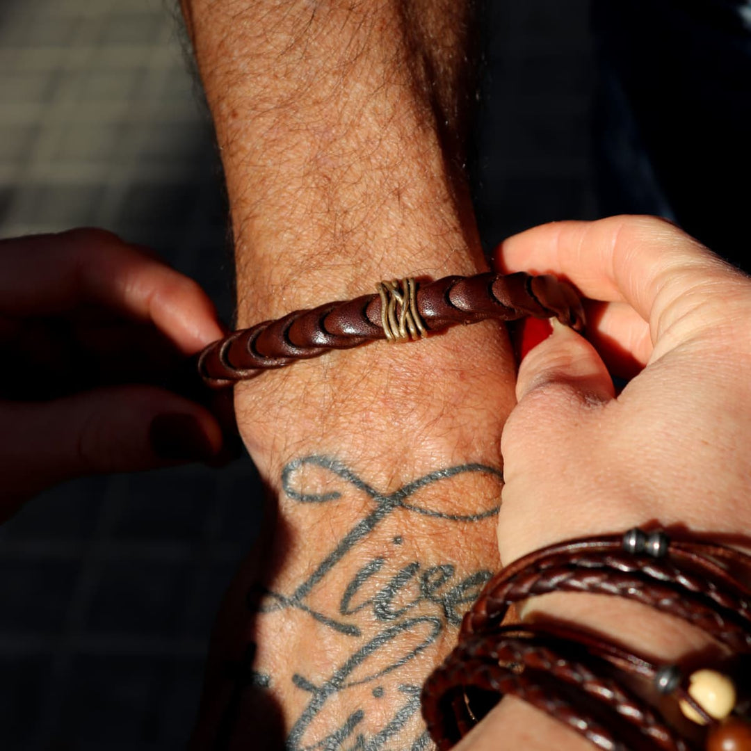 Pulsera Hombre Ziri de Plata 925, cuero y bronce