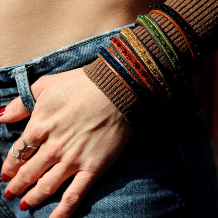 Pulsera Mujer Zagora con Plata 925, cuero y terciopelo de perlas