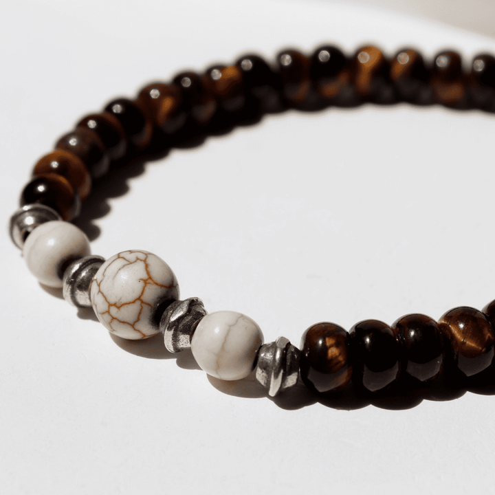 Pulsera de bolas hombre Kagami de ojo de tigre con piezas de piedra blanca y plata 925