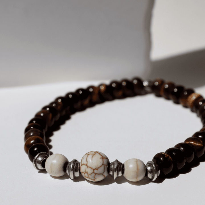 Pulsera de bolas hombre Kagami de ojo de tigre con piezas de piedra blanca y plata 925
