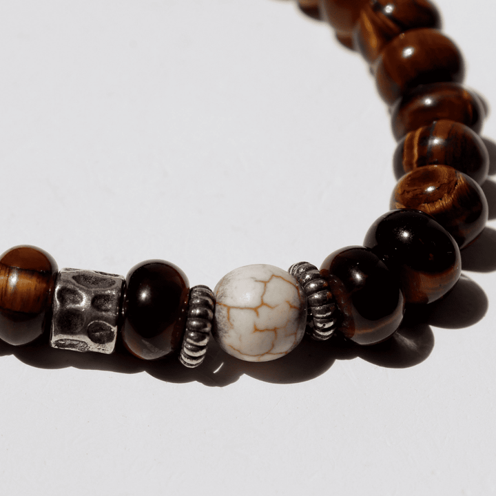 Pulsera de bolas hombre Soma de ojo de tigre con piezas de piedra blanca y plata 925