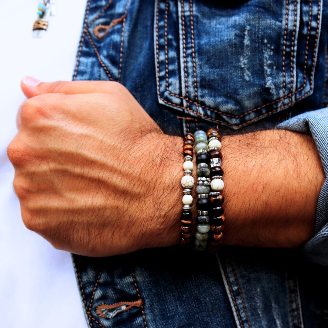 Pulsera de bolas hombre Hozuki de labradorita y ónix con plata 925