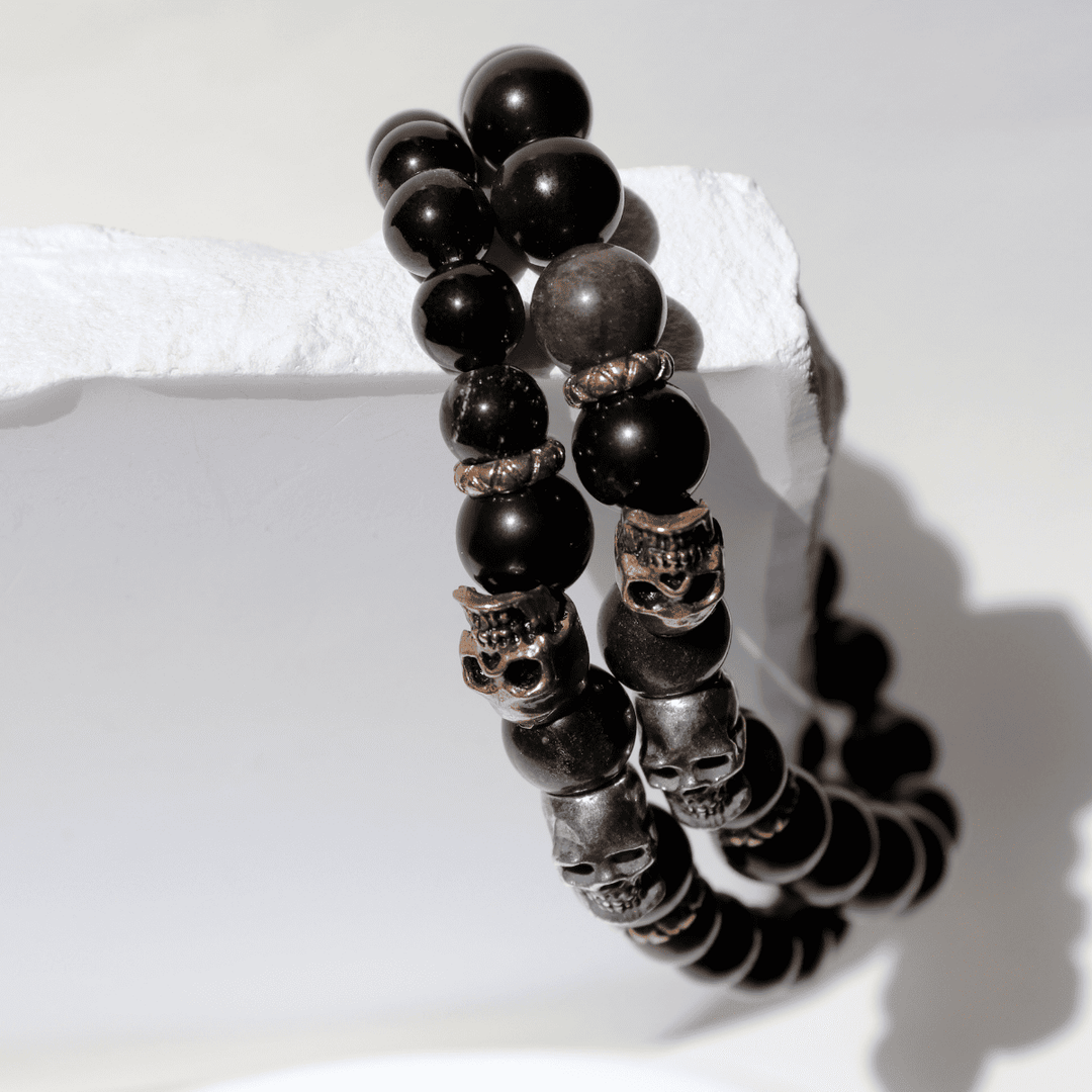 Obsidian Shinigami bead bracelet with 925 silver and bronze skulls