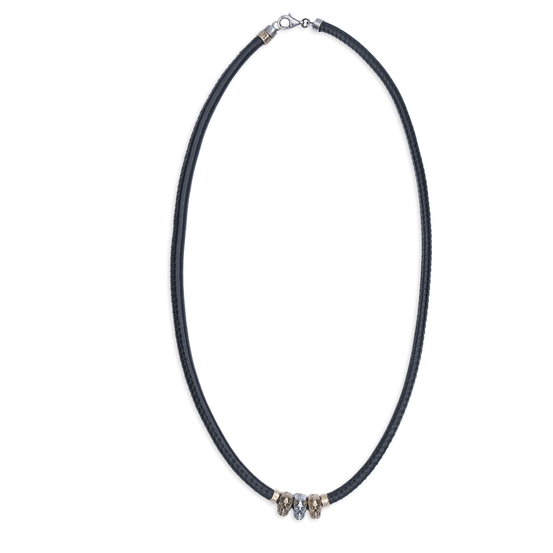 Collar Calavera Rif de Plata 925, cuero y bronce