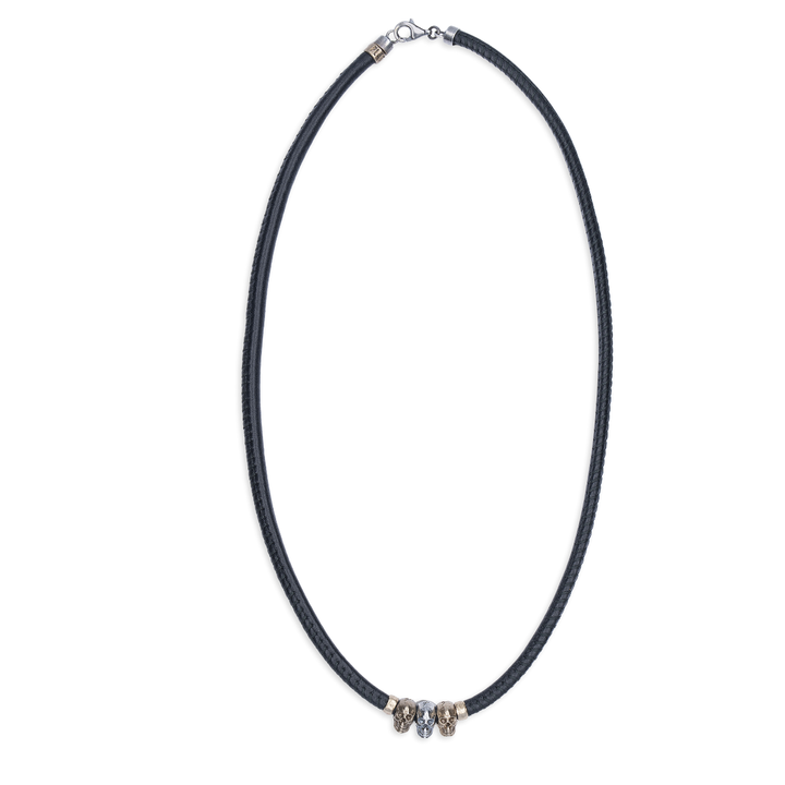 Collar Calavera Rif de Plata 925, cuero y bronce