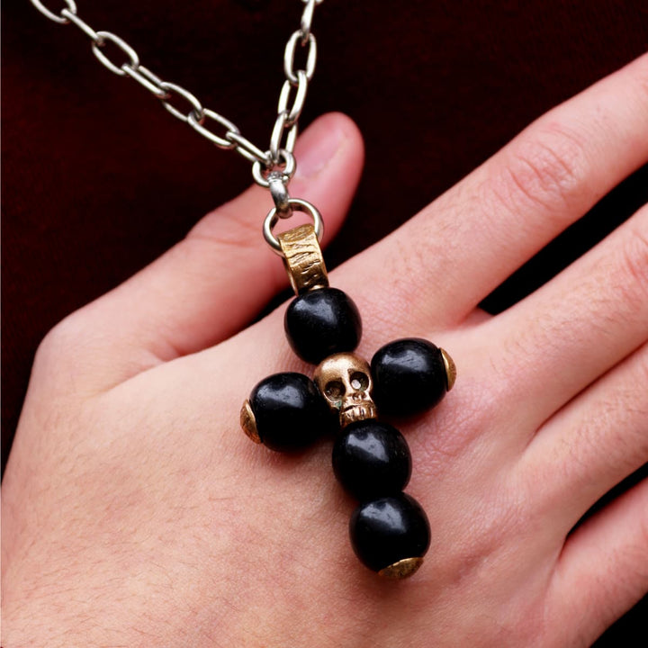 Collar Grafton Calavera de plata 925 con cruz de ónix