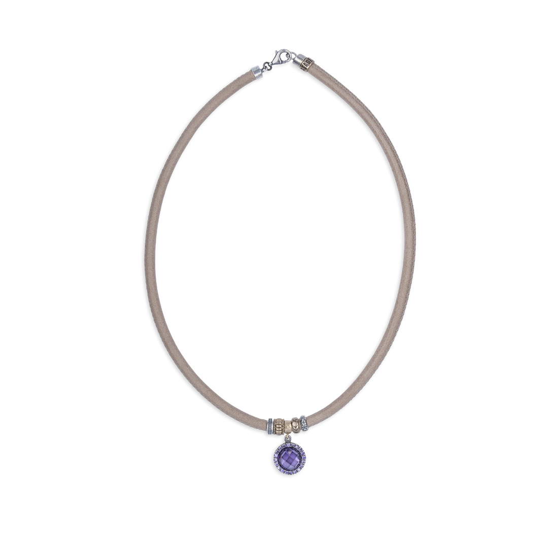 Collar Mujer Menara de Plata 925 con circonitas amatista cuero