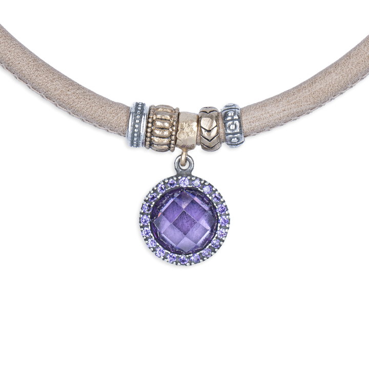 Collar Mujer Menara de Plata 925 con circonitas amatista cuero