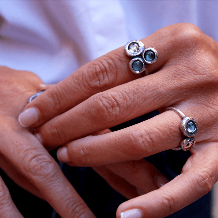 Shinkai Damenring in 925 Silber mit Aquamarin und Olivin