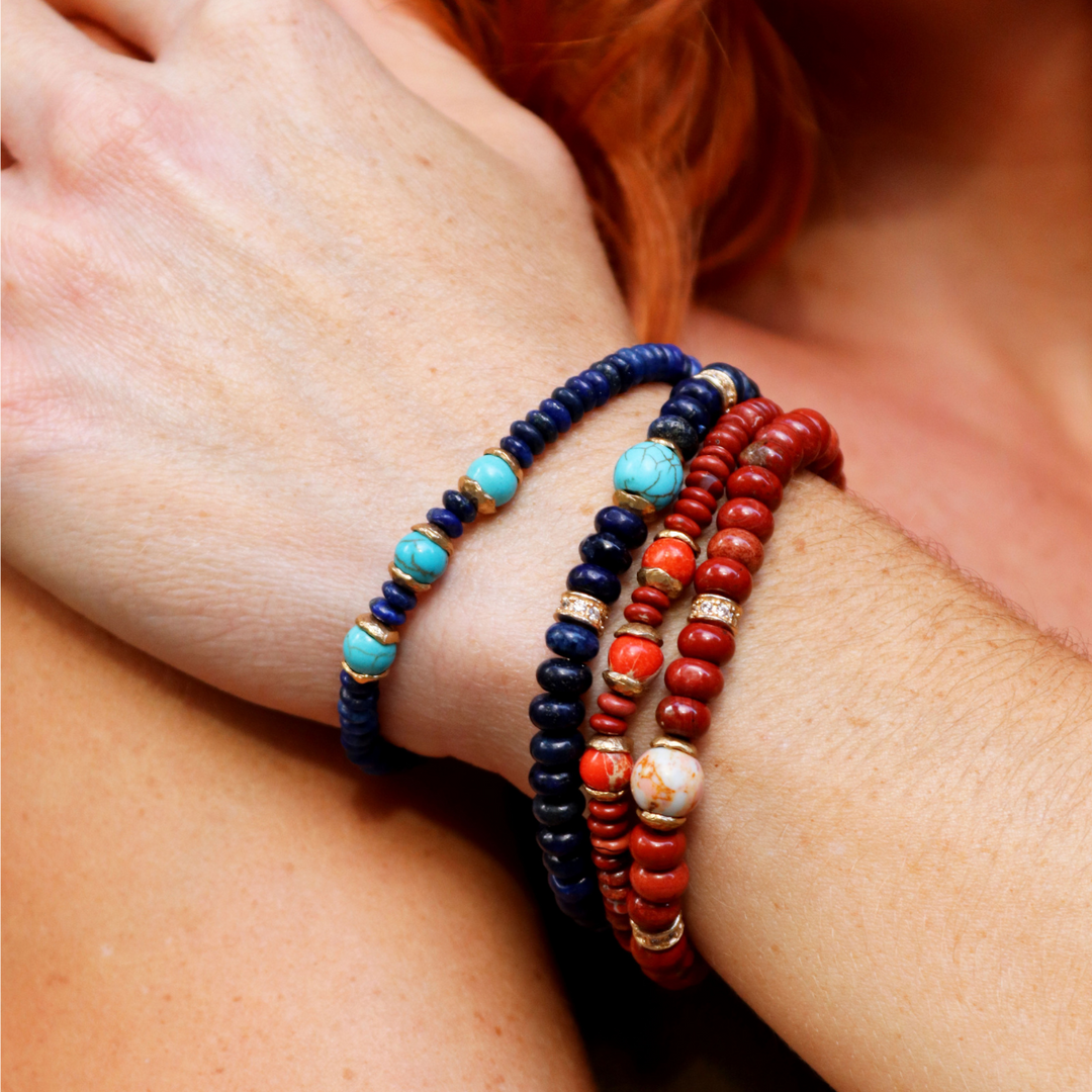 Pulsera de bolas de mujer Kokoro de lapizlázuli y turquesa con piezas de plata 925