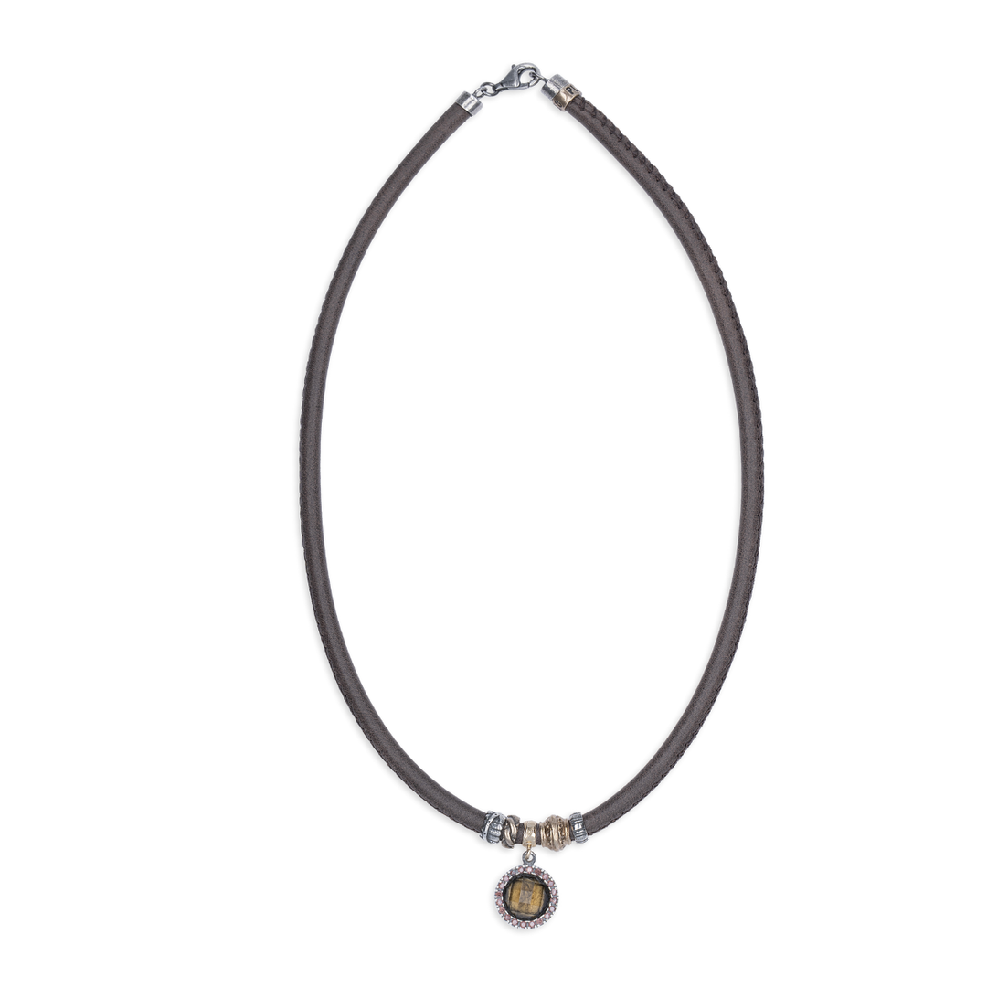 Collar Mujer Sahara de Plata 925 con circonitas cuarzo fumé cuero