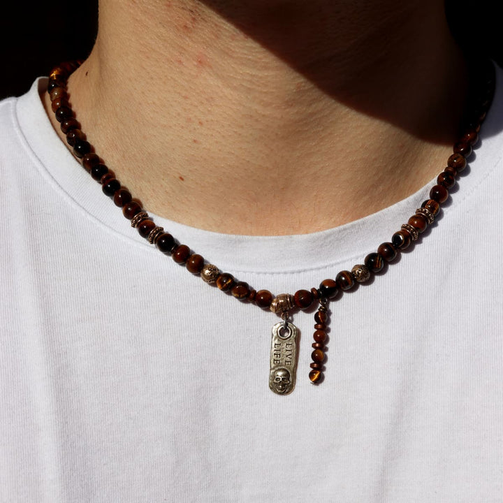 Collar Calavera Cúrcuma "live life" de Ojo de Tigre, Bronce y Plata 925