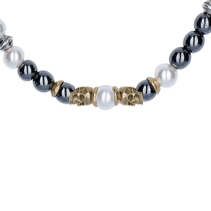 Collar Calavera Jemaa de Plata 925, perlas de agua dulce y hematites