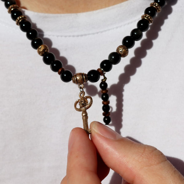 Collar Calavera Tánger llave de Ónix, Bronce y Plata 925