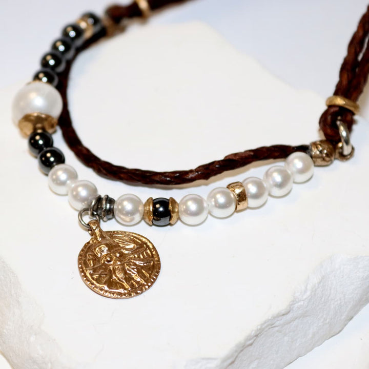 Collar Mujer Saida con Plata 925, bronce, cuero, perlas de agua dulce y hematites