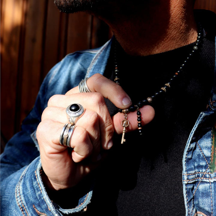 Collar Calavera Tánger llave de Ónix, Bronce y Plata 925